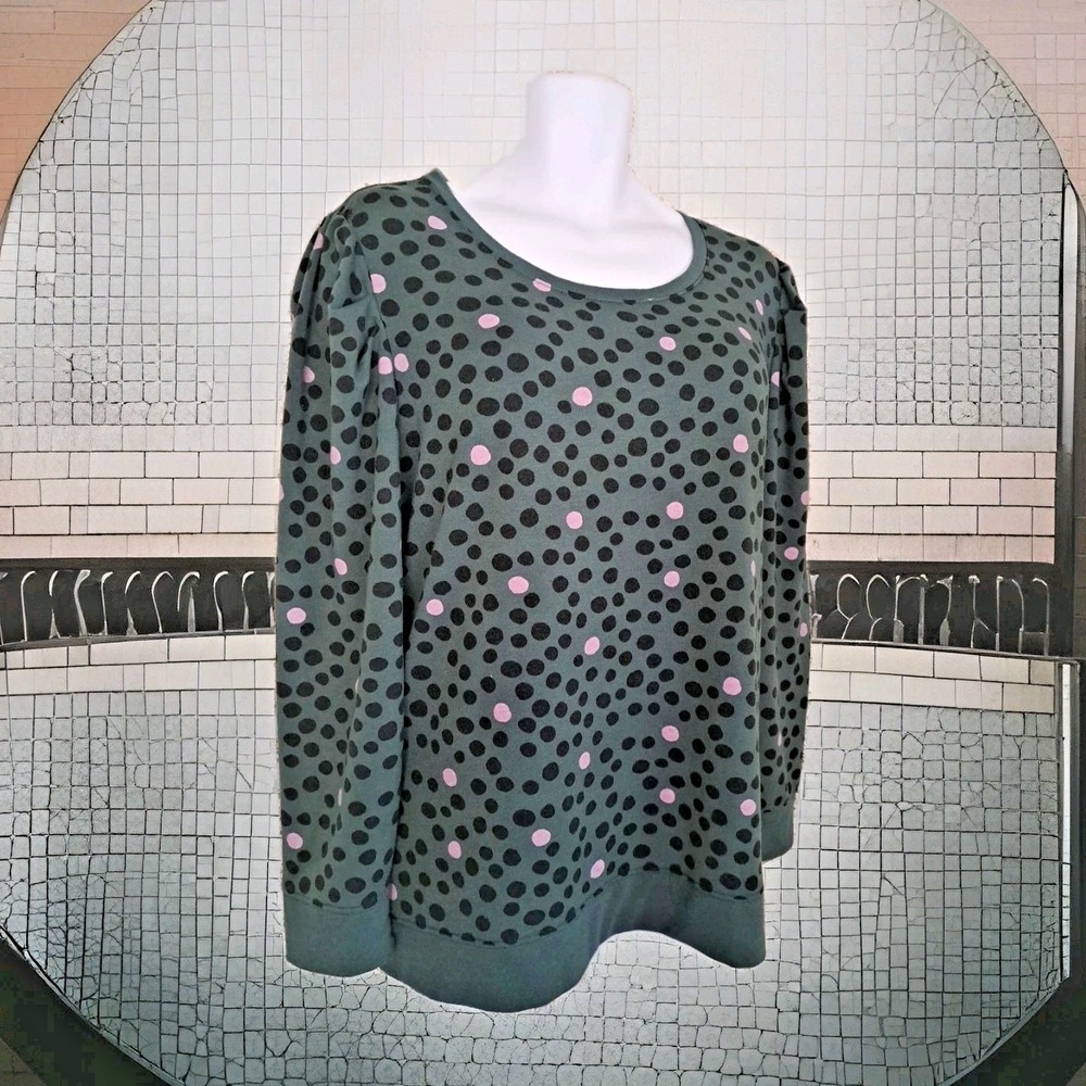 Evri Popover Top 2X Green Polka Dot‎ Long Sleeve T-Shirt Everyday Casual Sweater